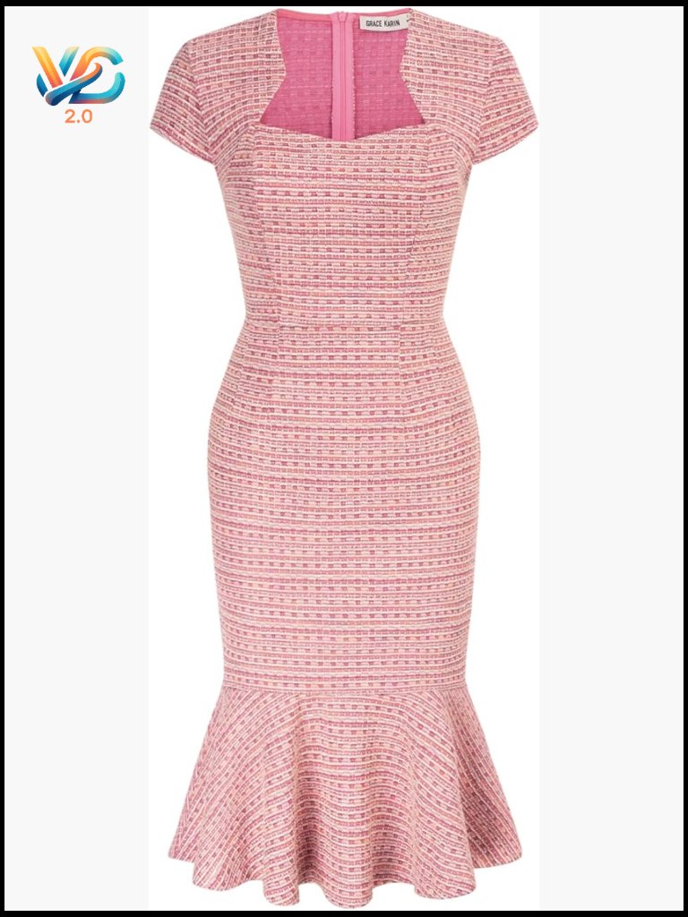 Elegant Cap Sleeve Fishtail Tweed Bodycon Cocktail Dress